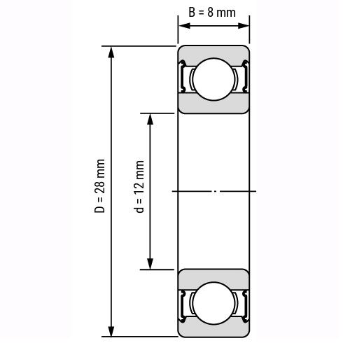 Эскиз подшипника 6001 2RS SKF